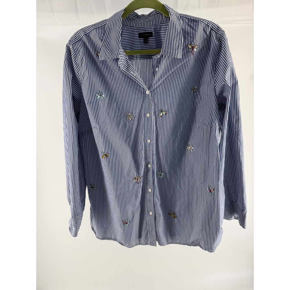Talbots XL Blue White Striped Beaded Insect Bee Dragonfly Button Down Shirt